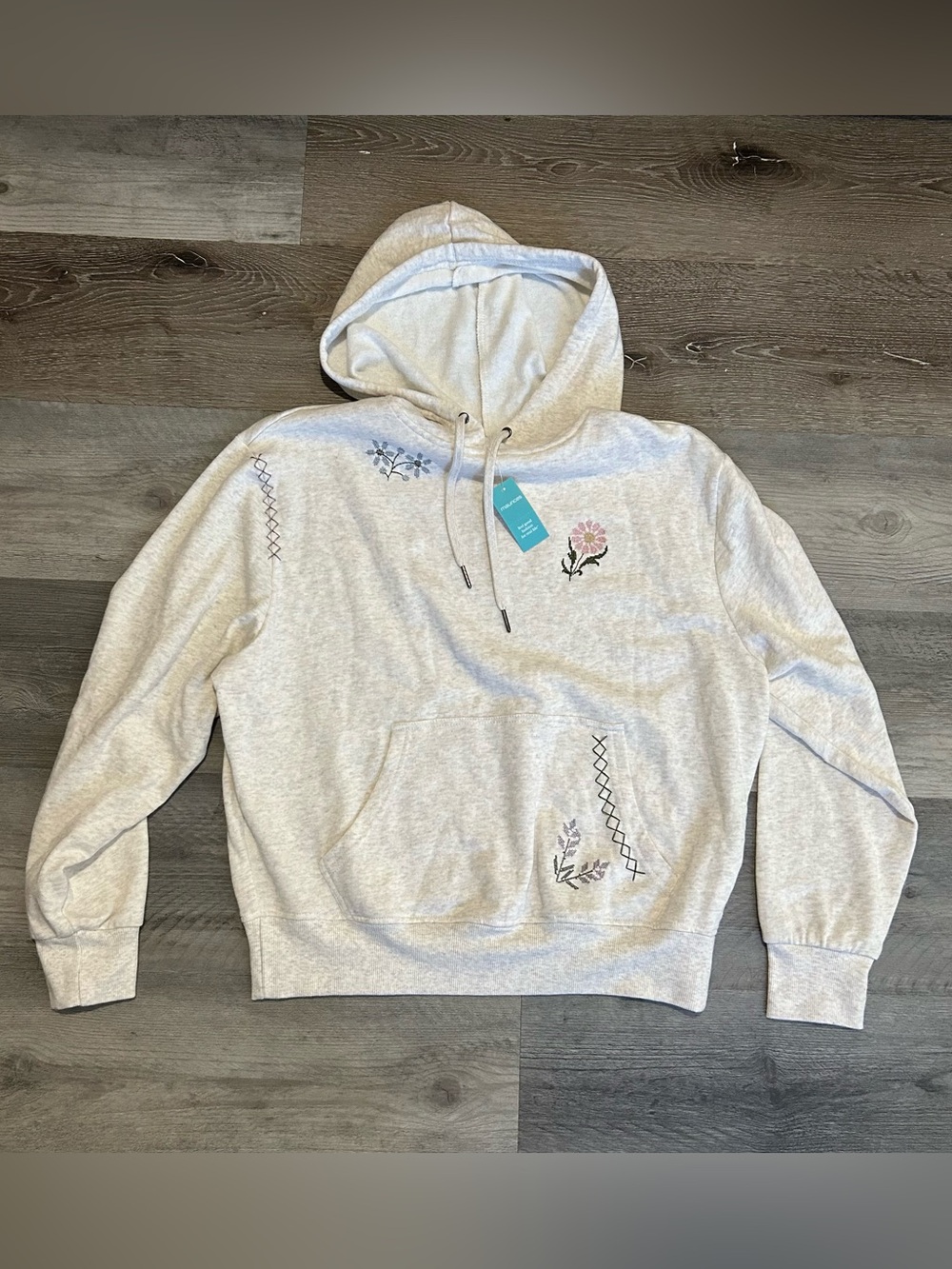 NWT XS Maurices Floral Embroidered Neutral Creme Gray Hooded Sweatshirt